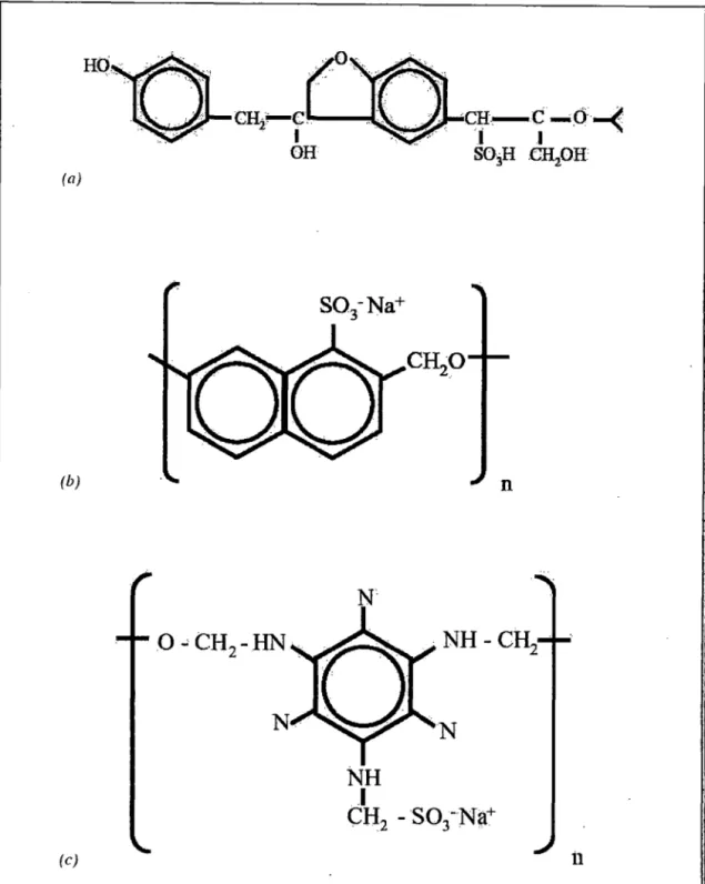 Gráfico 2.1,  (a)  Unidad molecular repetida en  los lignosulfatos (  MLS), ( b)  Unidad molecular de formaldel!ído  naftaleno wlfonato  (SNF),  (e)  Unidad molecular de  formaldehído  melamina sulfonato (  SM  F) 