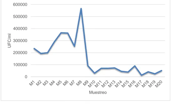 Tabla 11. Unidades formadoras de colonia por ml en los diferentes muestreos. 