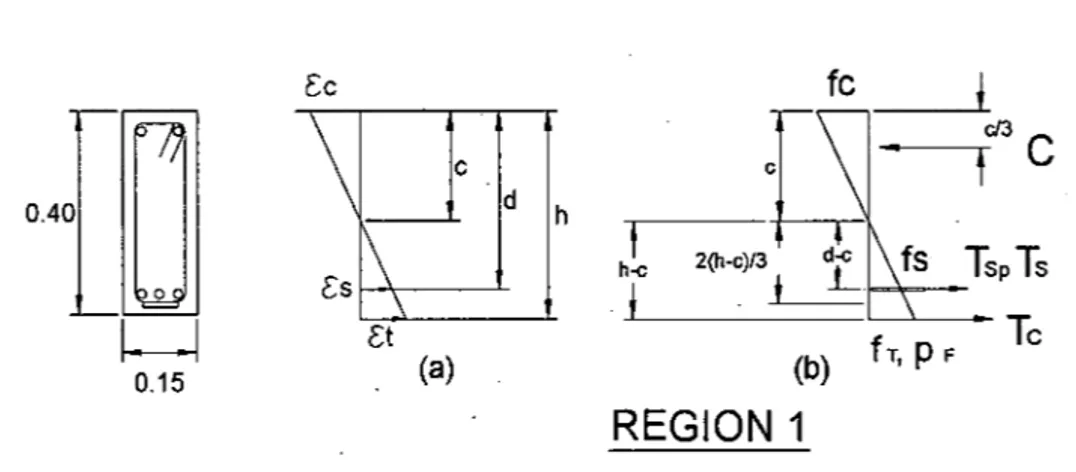 Fig.  5.4.2 Deformación asumida  y  distribución de esfuerzos  en  la sección de la viga  para la región  1 : (a)  Distribución de  Deformaciones,  (b)  Distribución de  Esfuerzos  y 