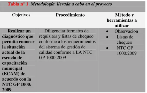 Tabla n° 1. Metodología  llevada a cabo en el proyecto 