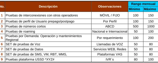 Tabla 2. Listado de pruebas a ejecutar 