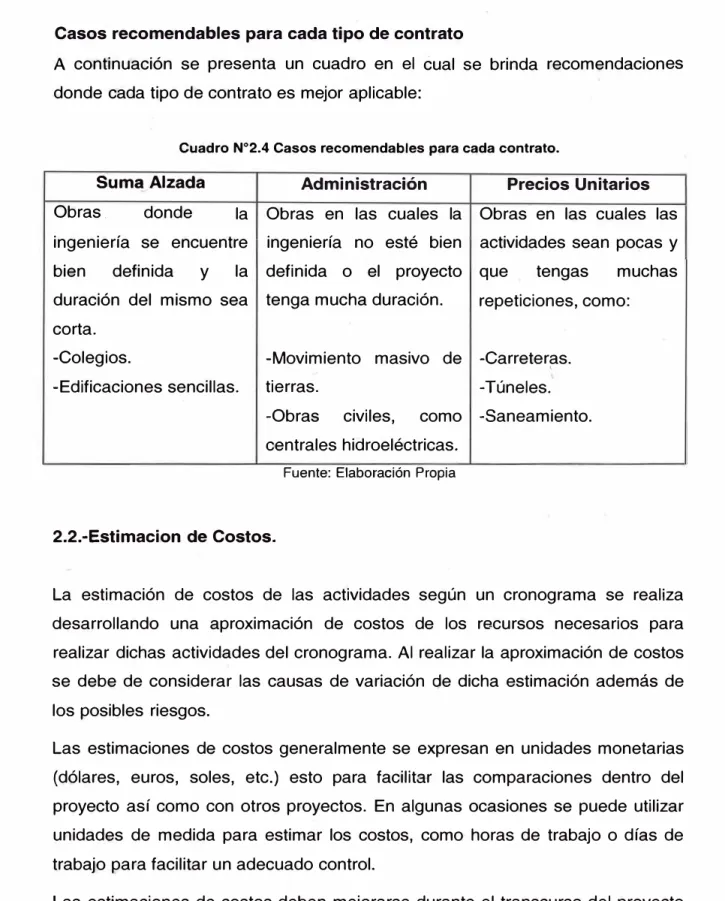 Cuadro N º 2.4 Casos recomendables para cada contrato. 