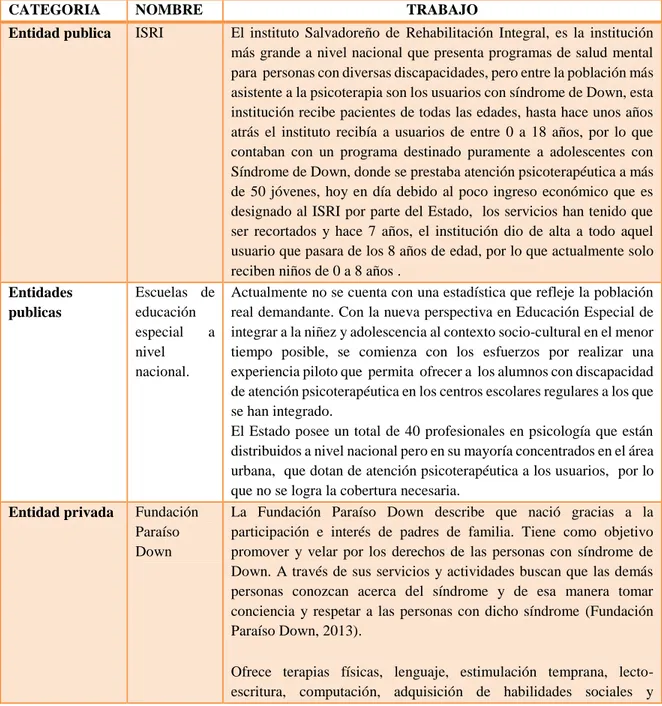 Tabla 7. Centros de atención integral públicos y privados para niñez y adolescencia con  síndrome de Down en El Salvador  