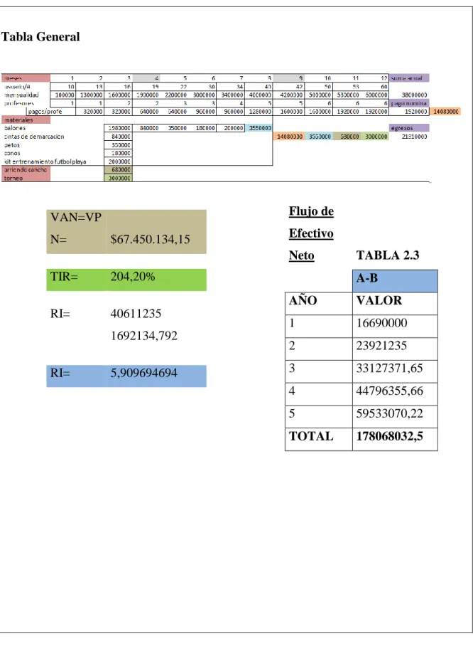 Tabla General                                                                                                                                                                              VAN=VPN=  $67.450.134,15 TIR= 204,20% RI= 40611235 1692134,792 RI= 5,