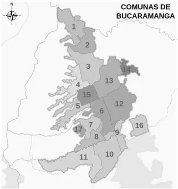 Figura 17. Mapa de división por comunas de Bucaramanga. Adaptado de Wikipedia, la 
