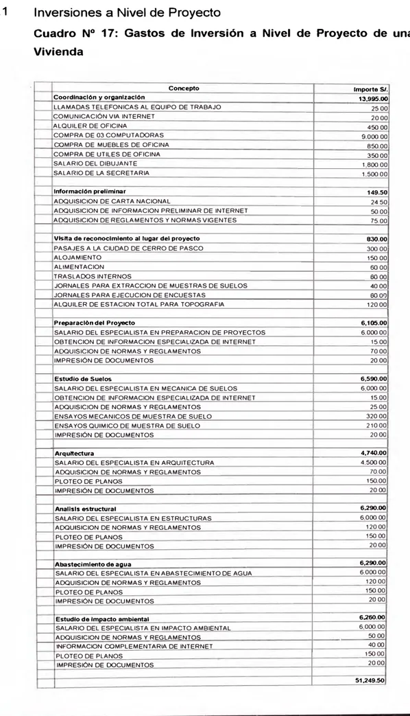Cuadro  N º  17:  Gastos  de  Inversión  a  Nivel  de  Proyecto  de  una  Vivienda 