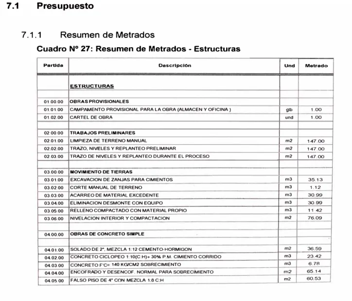 Cuadro N º  27:  Resumen de  Metrados - Estructuras 