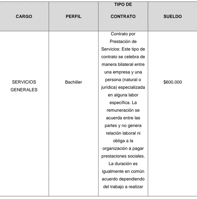 CUADRO 11. Perfil profesional de servicios generales 