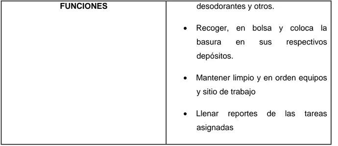 CUADRO 15.  Descripción del cargo y funciones de servicios generales. 
