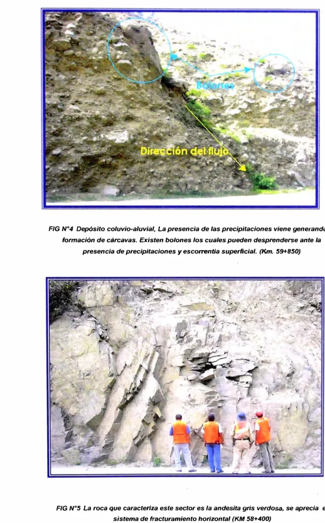 FIG N º 5  La roca que caracteriza este sector es la andesita gris verdosa, se aprecia  el  sistema de fracturamiento horizontal (KM 58+400) 