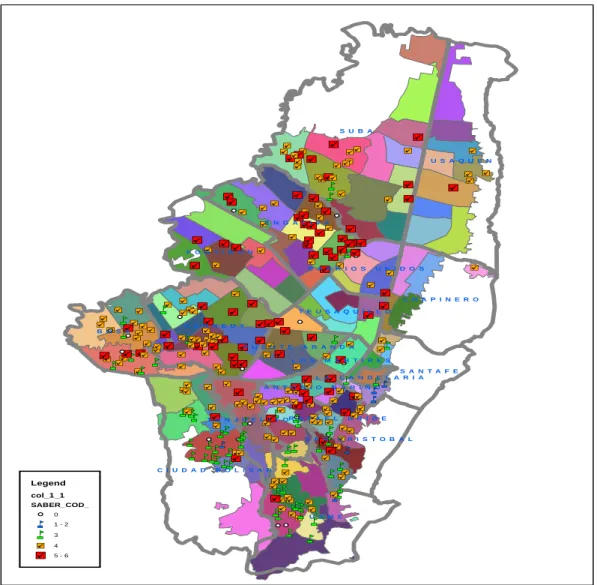 Figura 1. Mapa Ciudad de Bogota con los resultados de la prueba saber pro, nformaci´ on suministrada por la Secretaria de Educaci´ on de Bogot´a