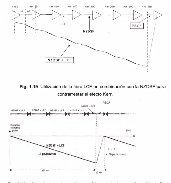 Fig. 1.19  Utilización de la fibra LCF en combinación con la NZDSF para  contrarrestar el efecto Kerr