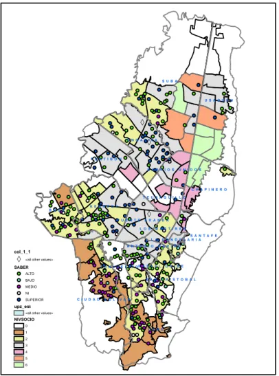 Tabla 3: Georeferenciaci´ on de los colegios oficiales por estrato y SABER PRO.