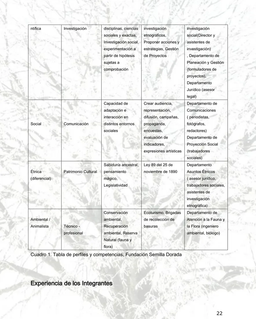 Cuadro 1. Tabla de perfiles y competencias, Fundación Semilla Dorada 