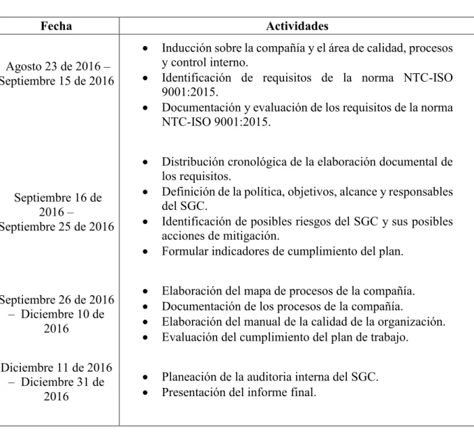 Tabla 5.  Cronograma de Actividades.  