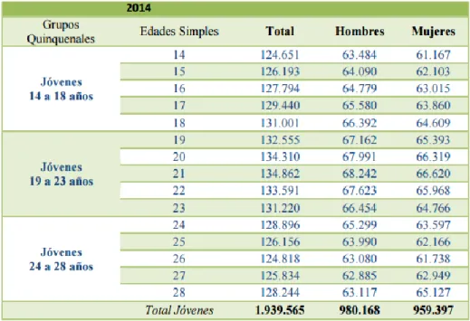 Tabla 6. Total, de la población de 14-28 años, por edades simples y por sexo FUENTE. DANE 