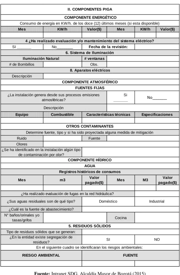 Tabla 4: Formato 1D PGE F007- Información componente PIGA 