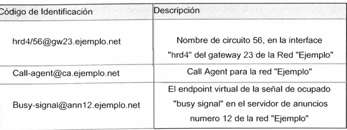 Cuadro 4.4  :  Código de  Identificación de los endpoints en MGCP 