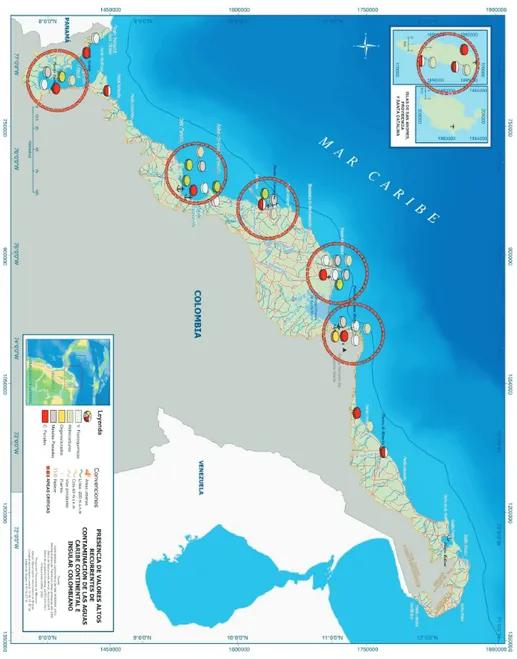 Figura 3.8. Áreas “críticas” de la costa del Caribe en las que se presentan valores altos recurrentes  de contaminación de las aguas