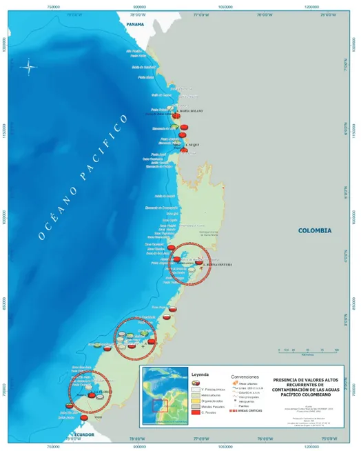 Figura 3.9. Áreas “críticas” de la costa del Pacífico en las que se presentan valores altos recurrentes  de contaminación de las aguas