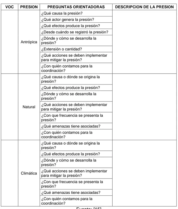 Tabla 3: Preguntas orientadoras para la caracterización de las presiones obtenida  del grupo de planeación de PNNC 