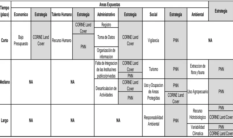 Tabla 9: Estrategias CORINE LandCover y PNN de Colombia