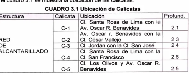 CUADRO 3.1  Ubicación de Calicatas 