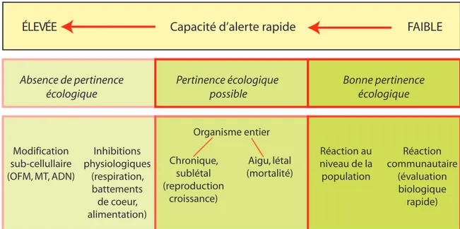 Figure 3. Relation entre la pertinence écologique et la capacité d’alerte rapide pour mesurer les  réactions biologiques (tiré de l’annexe à la Résolution VII.10 Cadre d’évaluation des risques pour les 