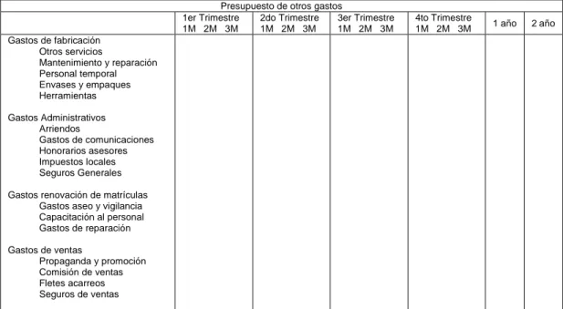 Tabla 10 Presupuestos de otros gastos. Fuente: Rodrigo Varela (1) 