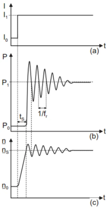Figura 3.1: Respuesta al escal´ on de un l´ aser (a) Corriente inyectada, (b) Potencia