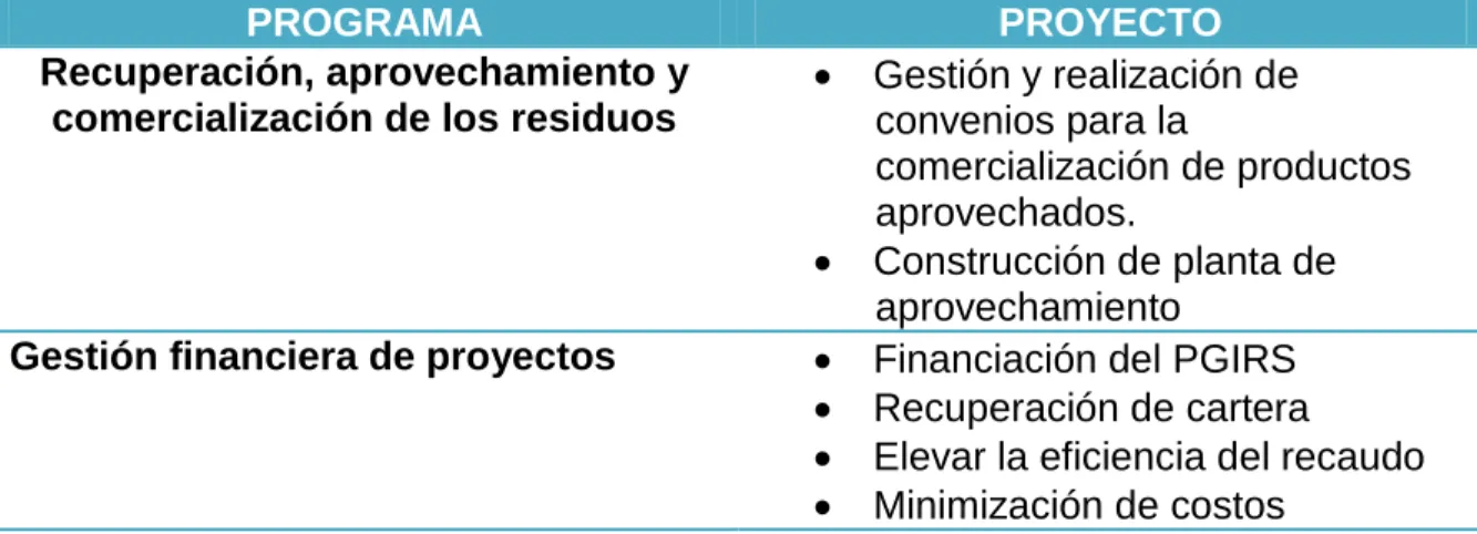 Tabla 7. Propuestas de programas y proyectos para el PGIRS de Une 