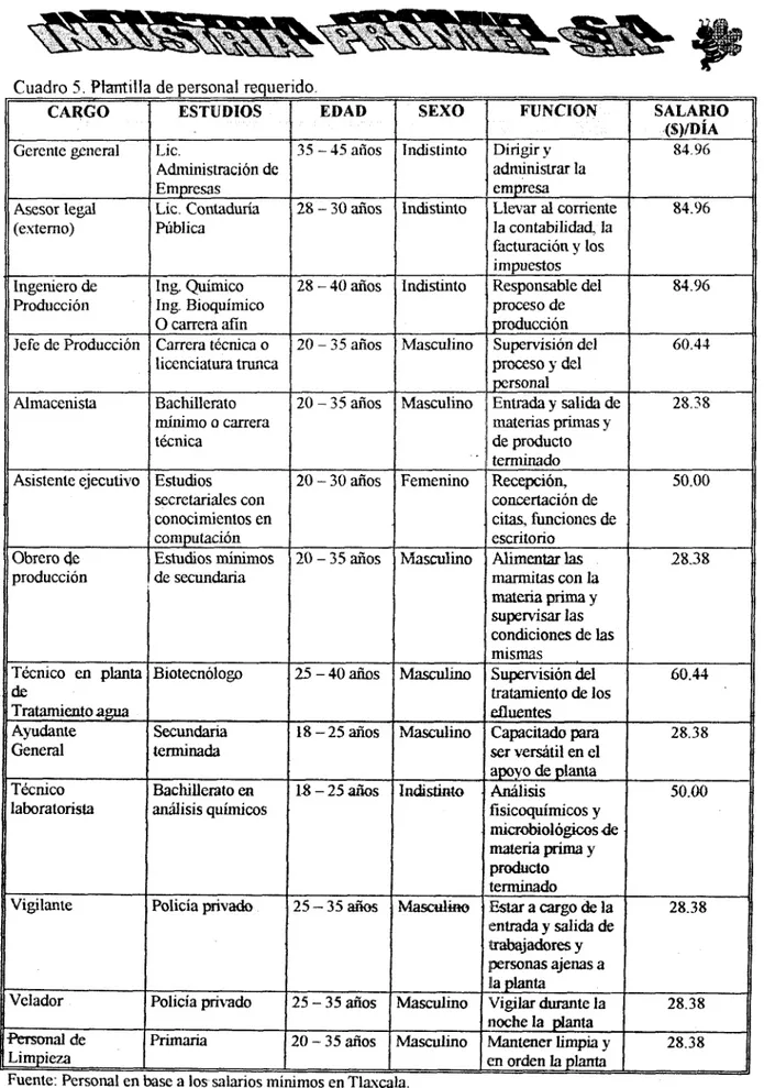 Cuadro  5. Piantitla  de  personal  requerido. 