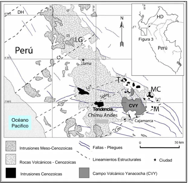 Figura 3. Mapa del  Distrito Minero Yanacocha ubicado en el Campo Volcánico  Yanacocha (CVY) en el norte del Perú (Longo, 2005)