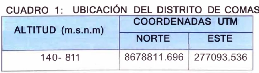 CUADRO  1  :  UBICACIÓN  DEL  DISTRITO  DE  COMAS  COORDENADAS  UTM  ALTITUD  (m.s.n.m) 