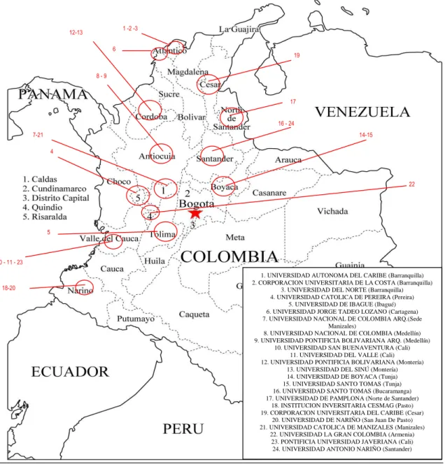 Figura 1. Plano de localización de la oferta de facultades de arquitectura en Colombia 