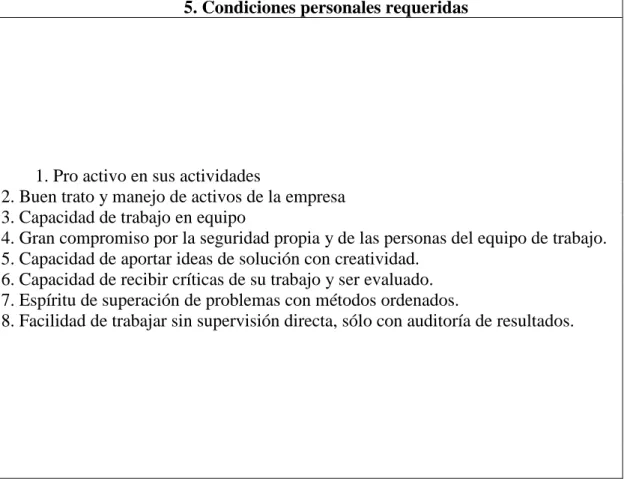 Tabla 43. Perfil de cargo pasante 