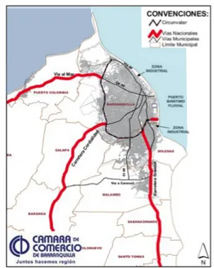 Figura 2. Vías de acceso a la ciudad de Barranquilla. Adaptado de la cámara de Comercio, s.f