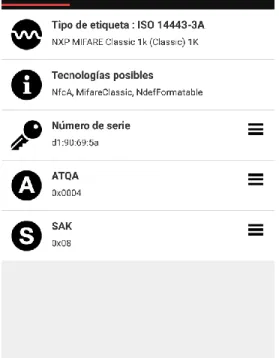 Figura 19. Tag Mifare classic tipo carné información suministrada por el programa NFC  TOOLS
