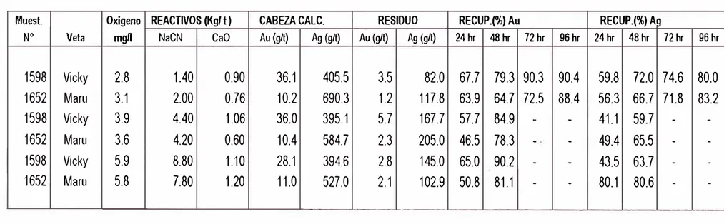 CUADRO  N º  7  RESUMEN  DE  RESULTADOS  DE  PRUEBAS  DE  CIANURACION  INSITU 