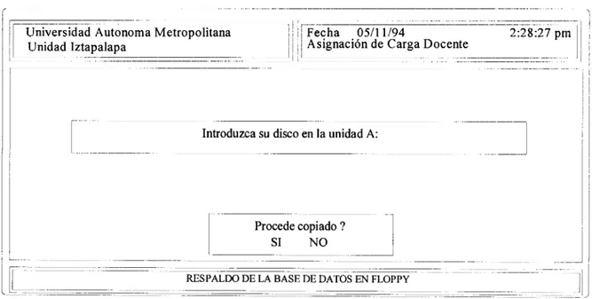 Figura 24. Pantalla para respaldar la  base de  datos  en  disco flexible den la  unidad A: