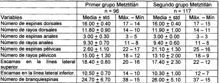 Tabla  4.  Promedio,  desviación  estándar  y  máximos  y  mínimos  de  ¡as  variables  merísticas  para  cada  grupo  definido  por  e¡  análisis de Correspondencias