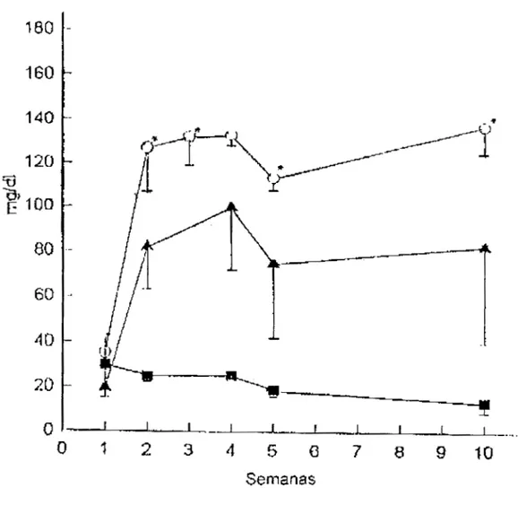 Figura  5.  Niveles  séricos  de  lípidos  y  glucosa  con  respecto  al  tiempo  en  conejos  alimentados  con  colesterol  al  1%