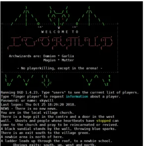Figure n.º 1. MUD example, a Telnet session to  IgorMUD from igormud.org. In 1994 Mauldin  published his work about Chatterbots connected  to the TinyMUD and entering the Loebner  competition
