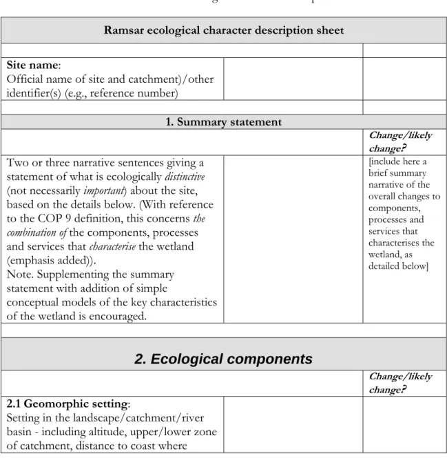 Table 1. Ramsar ecological character description sheet  Ramsar ecological character description sheet Site name: 
