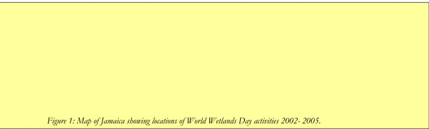 Figure 1: Map of Jamaica showing locations of World Wetlands Day activities 2002- 2005.