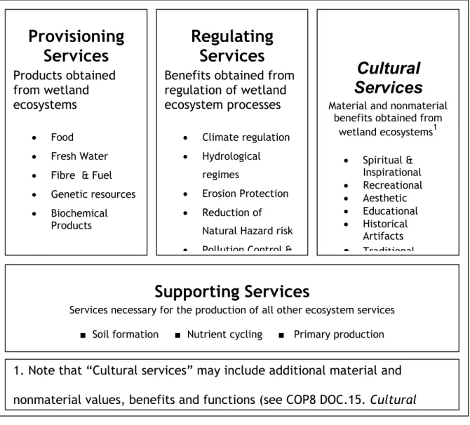 Figure 1. Indicative lists of benefits provided by the four types of Ecosystem  Services applied to wetland ecosystems