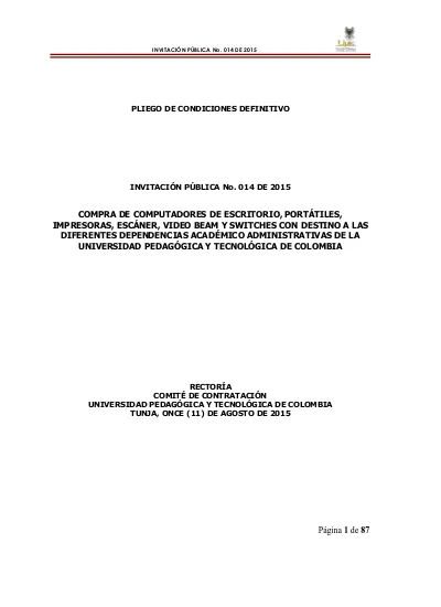 InvitaciÓn PÚblica No 014 De 2015 Pliego De Condiciones Definitivo 3774