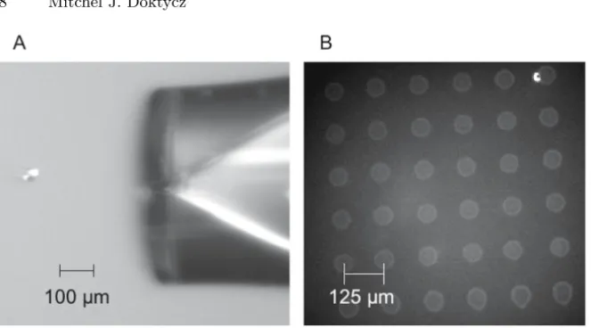 Fig. 4.3. Piezo-based reagent jetting: (a) composite image of a droplet ejecting from 20 µm nozzle (MicroFab, Inc.)