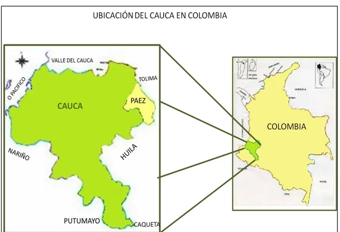 Figura I. Ubicación del municipio de Páez en el Departamento del Cauca y del  departamento en Colombia