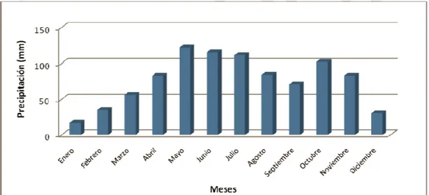 Figura 7. Valores mensuales promedio precipitación (mm) en el municipio de Jenesano, Corpochivor